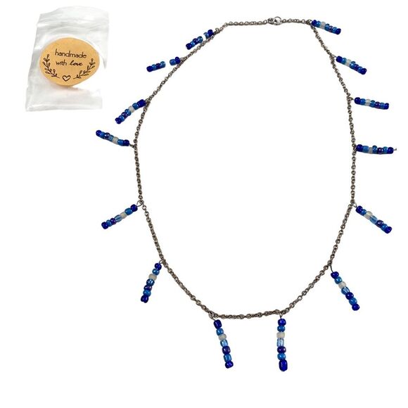 Handmade Silver Chain Blue Beaded Tassel Clasp Necklace - Picture 5 of 5